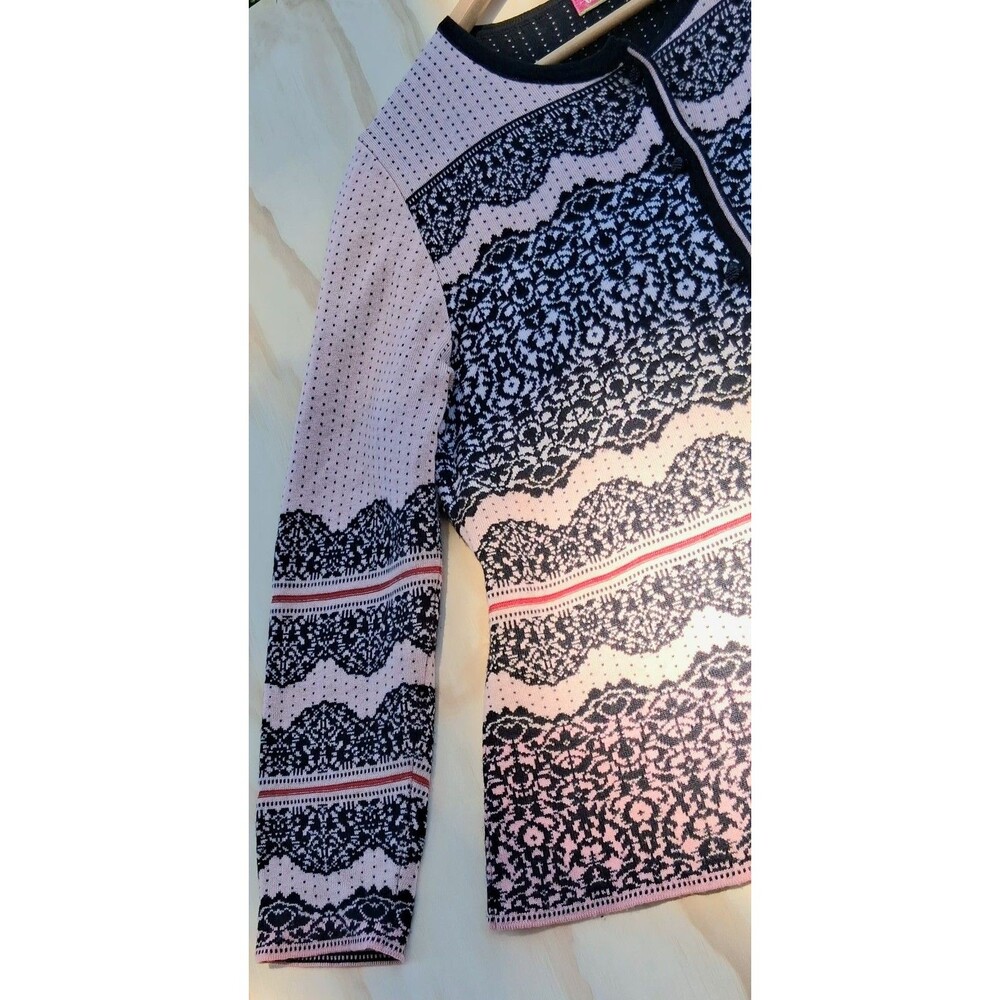 Oleana Norwegian Silk Merino Wool Cardigan Sweater Pink Black Nordic Knit XL - Picture 3 of 9